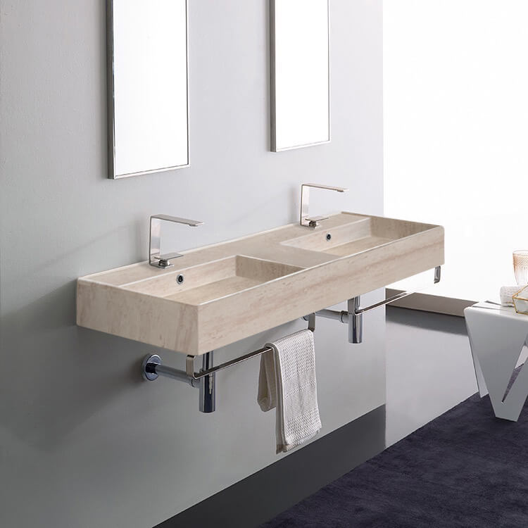 Scarabeo 5116-E-TB Beige Travertine Design Ceramic Wall Mounted Double Sink With Polished Chrome Towel Holder